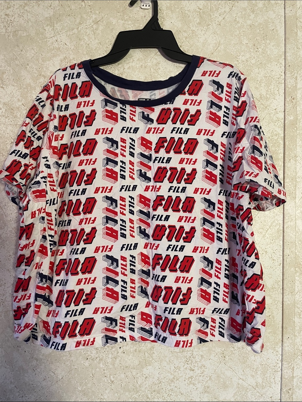 Women’s Fila Red, White and Blue All-Over Logo Boxy Cotton Shirt size 3X